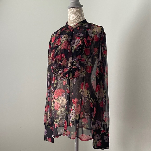 Ralph Lauren Ruffled Floral Sheer Blouse Y2K Vintage Black Red XL - Picture 1 of 17